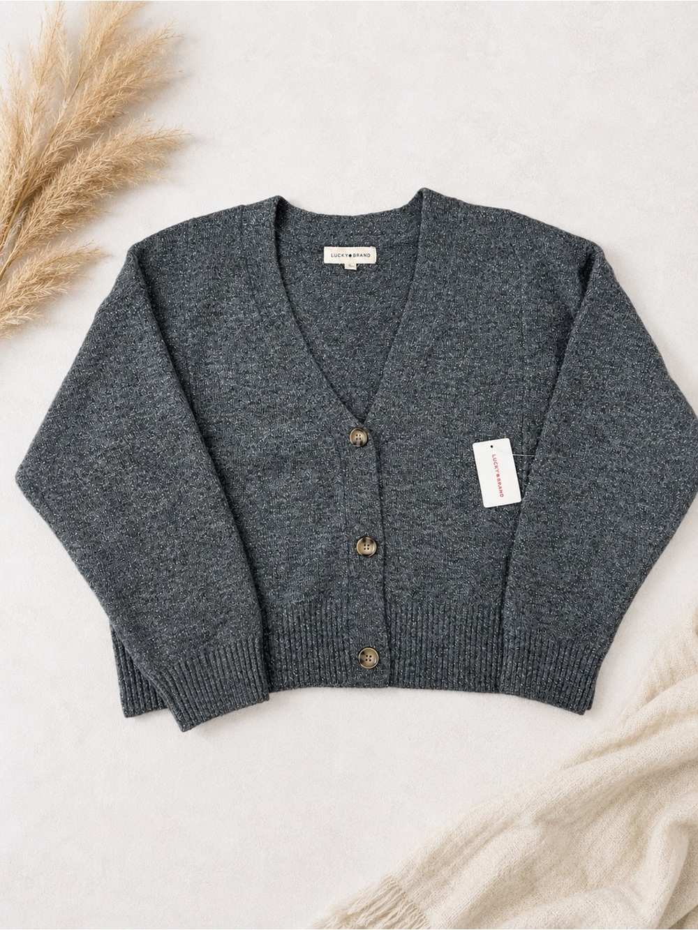 Lucky Brand Gray Metallic Thread Cardigan XL NWT Soft V-Neck Sweater